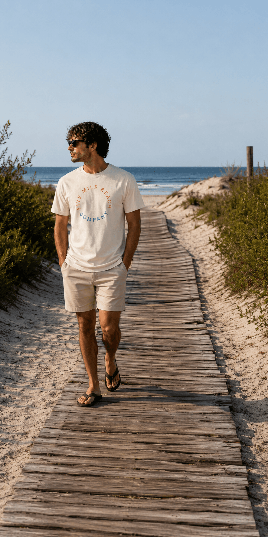 Man wearing a Five Mile Beach Co. tee on a beach boardwalk, Wildwood, NJ