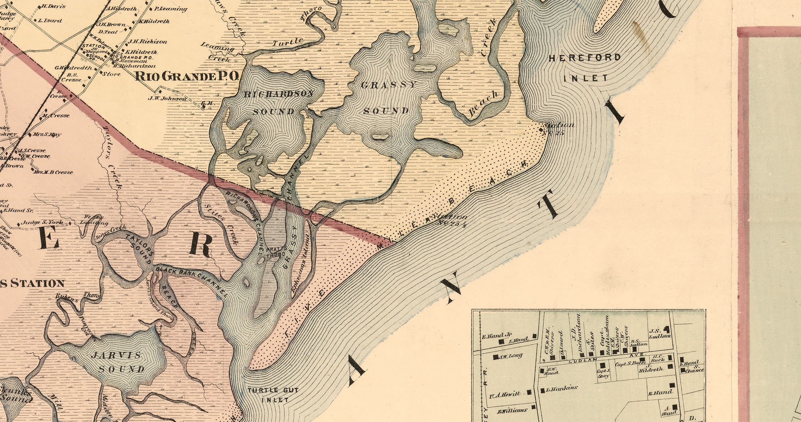 Detail of Beers, Comstock & Cline topographical map, 1872 — showing Five Mile Beach, Turtle Gut Inlet, and the surrounding tidal channels of Cape May County, New Jersey